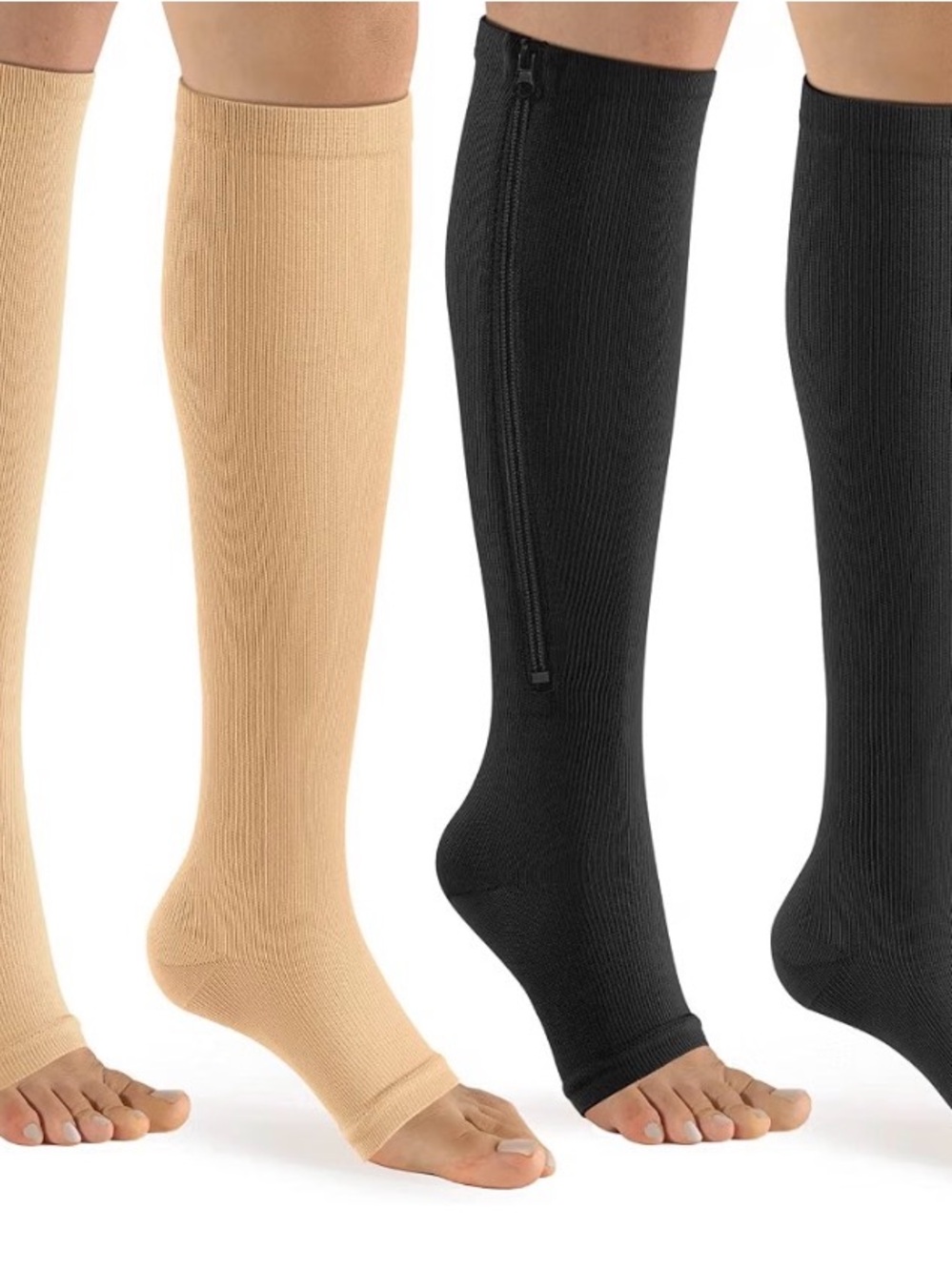 Compression Knee-High Socks with Zipper Closure - Black & Beige